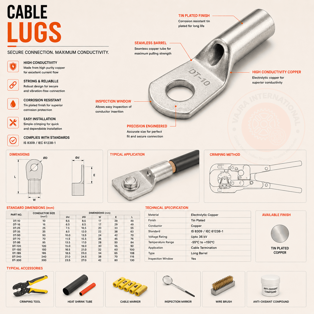 Copper & Aluminium Lugs Cable Lugs & Glands technical drawing 1 — Vajra International manufacturer India