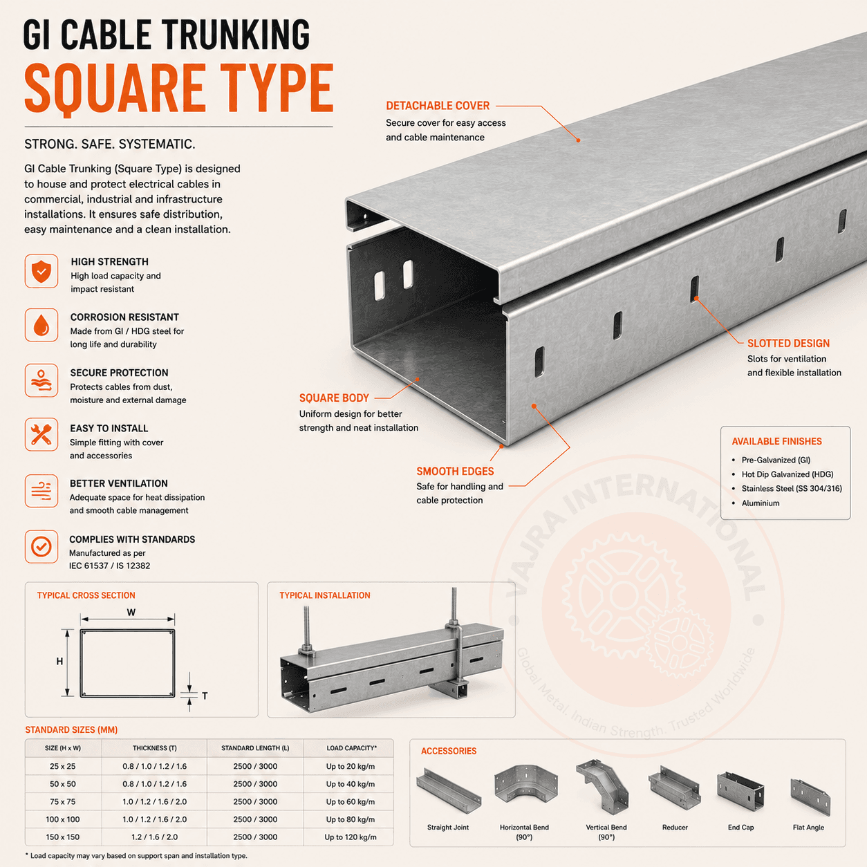Cable Raceway / Trunking – technical drawing 5 Engineering dimensional drawing for Cable Raceway / Trunking, Cable Trays. Vajra International manufacturer India.