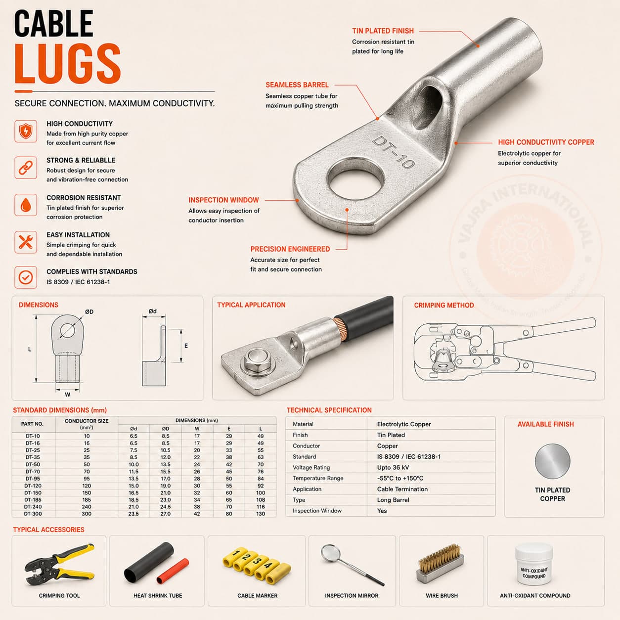 Copper & Aluminium Lugs – technical drawing 1 Engineering dimensional drawing for Copper & Aluminium Lugs, Cable Lugs & Glands. Vajra International manufacturer India.
