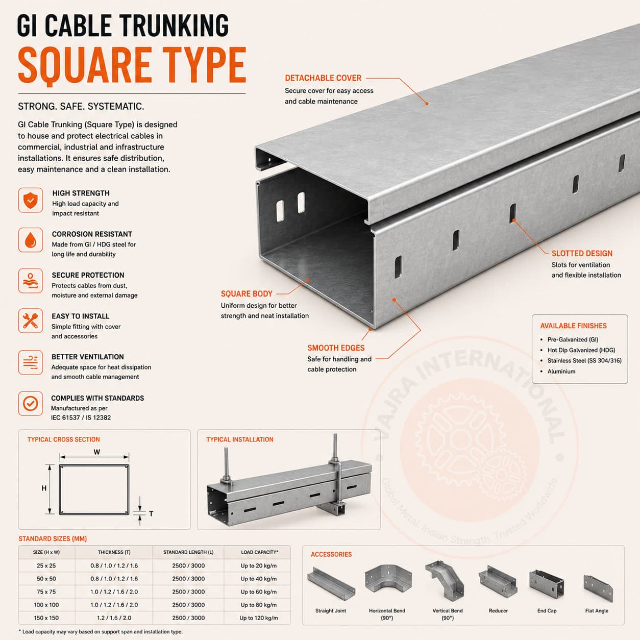 Cable Raceway / Trunking – technical drawing 5 Engineering dimensional drawing for Cable Raceway / Trunking, Cable Trays. Vajra International manufacturer India.